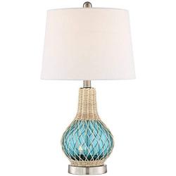 Alana Coastal Accent Table Lamp with Nightlight LED Rope Blue Glass Gourd White Fabric Drum Shade for Living Room Bedroom Bedside Nightstand Office Family - 360 Lighting