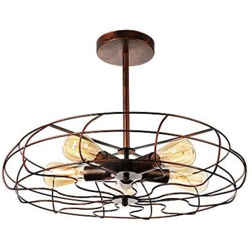 Semi Flush Mount Ceiling Light - BAYCHEER Vintage Pendant Lights Industrial Chandelier Black Metal Cage Hanging Fixture with 5 E26 Bulb Base for Hallway,Restaurant,Warehouse,Barn,Living Room,Rust