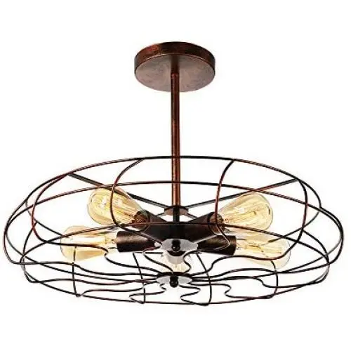 Semi Flush Mount Ceiling Light - BAYCHEER Vintage Pendant Lights Industrial Chandelier Black Metal Cage Hanging Fixture with 5 E26 Bulb Base for Hallway,Restaurant,Warehouse,Barn,Living Room,Rust