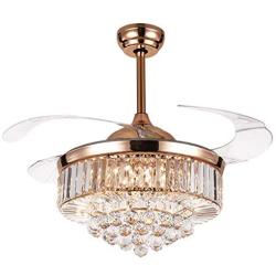 SenHome 42inch Crystal Ceiling Fan Light LED Chandelier Crystal Acrylic Retractable Blade Ceiling Lamp Rose Gold Chandelier Fan for Living Room/Dining Room/Hall