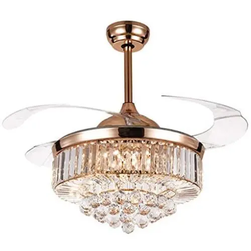SenHome 42inch Crystal Ceiling Fan Light LED Chandelier Crystal Acrylic Retractable Blade Ceiling Lamp Rose Gold Chandelier Fan for Living Room/Dining Room/Hall