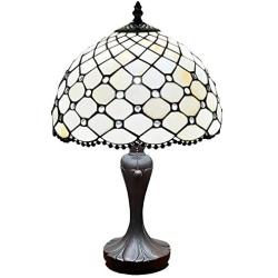 Amora Lighting Tiffany Style Table Lamp Banker Jeweled Beaded 19'' Tall Glass White Yellow Stains Tan Elegant Vintage Light Décor Living Room Bedroom Office Handmade Gift AM120TL12B, 12 Inches