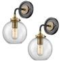 WILDSOUL 40041AB-2 Modern Farmhouse 1-Light Globe Sconce, Armed Brass Bathroom Sconces Clear Glass Vanity Wall Lighting Fixtures, Oak Wood and Brass Parts, Matte Black and Brass Finish, Pack of 2