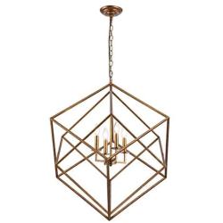 26.5'' W x 29.5''H Cubist Large Chandelier 4 Light Multifaceted Frame Interlock Openwork Geometric Metal Pendant Lamp Dining Room Entry Living Room(Antique Gold)