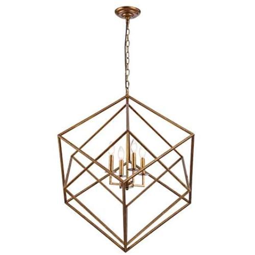 26.5'' W x 29.5''H Cubist Large Chandelier 4 Light Multifaceted Frame Interlock Openwork Geometric Metal Pendant Lamp Dining Room Entry Living Room(Antique Gold)