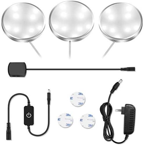 3 Pack LED Puck Lights, 5000K Daylight White, CRI90+, Touch Dimming, All Accessories Included, Under Counter Lighting for Kitchen, Closet Lights, Safe Light