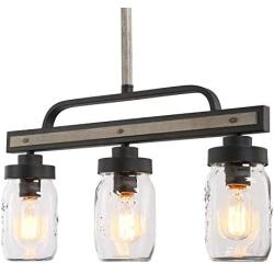 Mason Jar Lighting, Farmhouse Chandelier in Rustic Faux Wood Metal Finish with Glass Shades, Linear Pendant Lighting for Kitchen Island, L22 x H19.5''