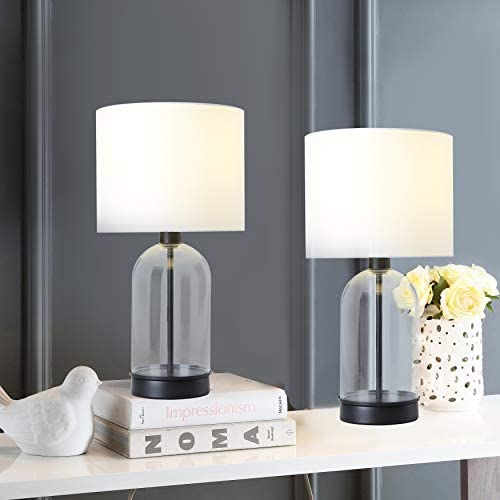 Berliget Set of 2 Glass Shade Table Lamps, Bedside Nightstand Lamps with Black Metal Base for Bedroom, Living Room, Reading