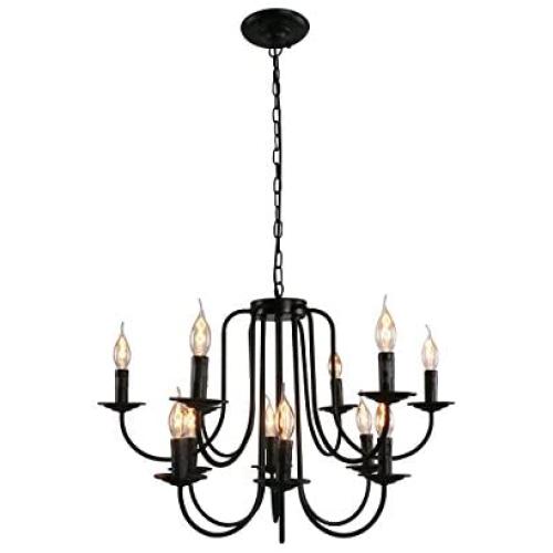 Unitary Brand Antique Black Metal Wrought Iron Dining Room Candle Chandelier with 12 E12 Bulb Sockets 480W Painted Finish