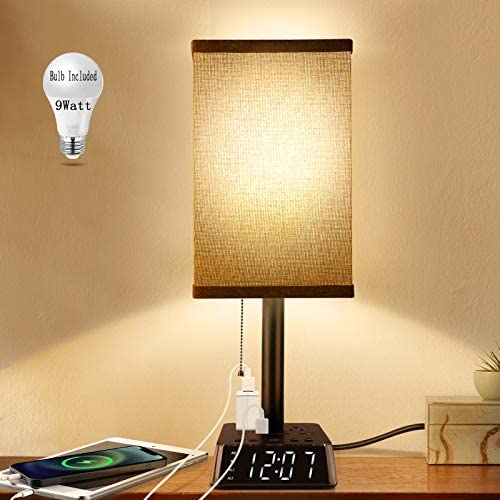 Table Lamp, 3-Way Dimmable Bedside Lamp with USB Ports and Outlets, Nightstand Lamps for bedrooms, Lamp with Clock, Grey Shade.Table Lamps for Bedrooms Guest Room Living Room. 9W LED Bulb Included