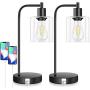 Touch Control Industrial Table Lamps Set of 2, Bedside Nightstand Lamps with 2 USB Ports&AC Outlet, 3-Way Dimmable Vintage Desk Lamp with Seeded Glass for Bedroom Reading, Living Room, Bulbs Included