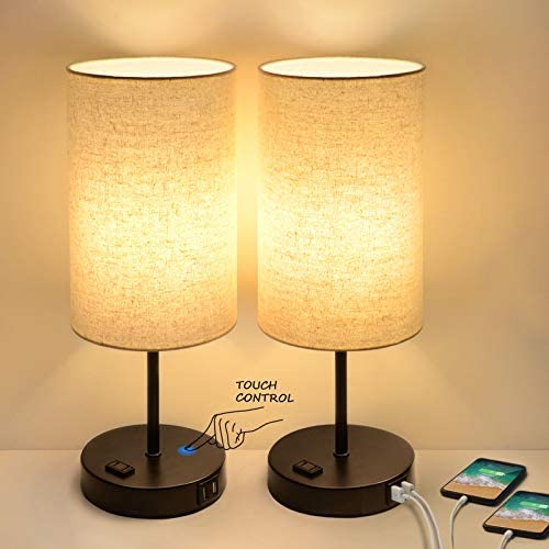 Set of 2 Touch Control 3-Way Dimmable Table Lamp with 2 USB Ports Modern Nightstand Lamp with AC Outlet Bedside Lamps with Fabric Shade Desk Lamp for Living Room Bedroom Hotel, Cream, Bulbs Included