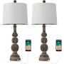 BOBOMOMO 27.75 USB Table Lamp with Charging Port Set of 2 Antique Retro Nightstand Lamp for Bedroom Living Room Resin Classic Bedside Washed Brown Desk Lamps with White Fabric Shade