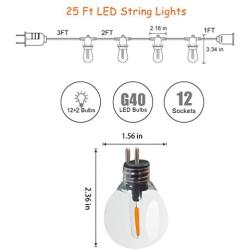 LED Outdoor String Lights, Outdoor Patio Lights, Shineled Waterproof IP64 Commercial Connectable Porch Lights with 12 G40 Globe Plastic Bulbs (2 Spare) for Patio, Backyard, Garden, Bistro, Café (25FT)