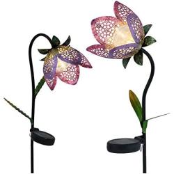 TERESAS COLLECTIONS 27-29.5 inch 2 Pack Metal Solar Flower Lights, Tulip Solar Garden Lights Flower Stake with Crackle Glass Ball Lights for Outdoor Patio Yard Decorations