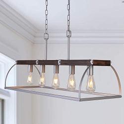 Antilisha Farmhouse Chandelier TN004 Lighting Rectangle Geometric Lantern Cage Light Fixture Pendant Chandelier for Dining Rooms Kitchen Island Closet Wood Plant Silver Gray Finish Metal L35.4