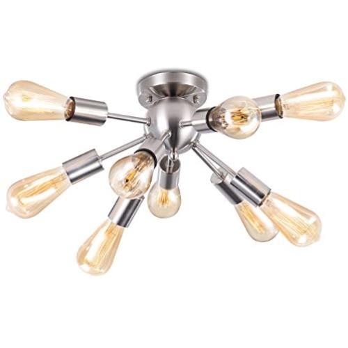 LIGHTESS Sputnik Ceiling Lights Vintage Semi Flush Mount Ceiling Light with 9 UL Sockets Nickel Sputnik Industrial Ceiling Lamp for Kitchen Dining Room Bedroom E26 Base
