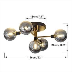 BOKT Flush Mount Ceiling Light 5 Heads Sputnik Chandelier Glass Globe Ceiling Pendant Light Fixture for Kitchen Dining Room Living Room Bedroom Hallway, Bulbs Included (Smoke Gray Shade, Gold)