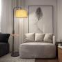 Modern Floor Lamp with Table, LED Minimalist Floor Lamp with USB Ports, AC Outlet and Wood Tray, 9W LED Bulb Included, Linen Fabric Lampshade Standing Lamp Suitable for Living Room, Bedroom, Office