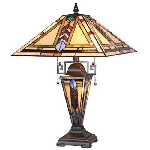 Artzone 3-Light Tiffany Table Lamp 16 inch Wide Stained Glass Table Light Desk Lamp with Night Light Mission Style Welding Table Lamps for Living Room Bedroom