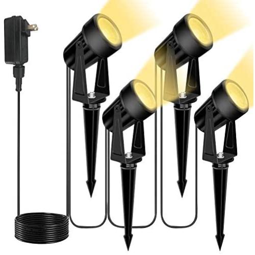 12W Landscape Lights Low Voltage Landscape Spotlights 46Ft IP65 Waterproof Outdoor Landscape Lighting Garden Pathway Light with Spike Stand and Plug for Patio Lawn, 3000K Warm White (4 Pack)