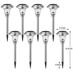 BEAU JARDIN 8 Pack Solar Lights Bright Pathway Outdoor Garden Stake Glass Stainless Steel Waterproof Auto On/off White Wireless Sun Powered Landscape Lighting for Yard Patio Walkway Spike Pathway