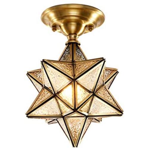 Modo Lighting Moravian Star Light Fixture Seeded Glass Flush Mount Ceiling Light Antique Brass Ceiling Lamp for Living Dining Room Porch Entry E26, 1 Light