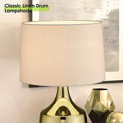 Gold Plating Metal Table Lamp, LMS 21” Classic Bedside Lamp with Linen Drum Lampshade, Modern Nightstand Lamps for Living Room, Bed Room, Dining Room, LMS-044