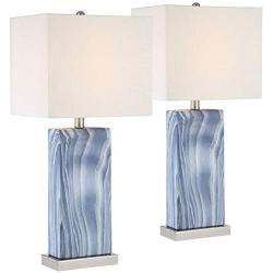 Connie Modern Table Lamps Set of 2 with USB Charging Port Rectangular Blue White Fabric Shade for Living Room Bedroom Bedside Nightstand Office Family - 360 Lighting