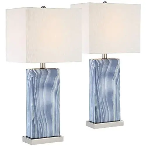 Connie Modern Table Lamps Set of 2 with USB Charging Port Rectangular Blue White Fabric Shade for Living Room Bedroom Bedside Nightstand Office Family - 360 Lighting