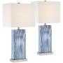 Connie Modern Table Lamps Set of 2 with USB Charging Port Rectangular Blue White Fabric Shade for Living Room Bedroom Bedside Nightstand Office Family - 360 Lighting