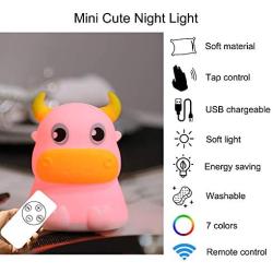 Night Light for Kids, AVEKI Portable Tap Control Rechargeable Nightlight Lamp, Color Changing, Remote Control Silicone Cute Animal Cow Night Lamp Bedroom Decor for Infant or Toddler(Remote Control)