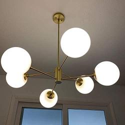 6 Lights Glass Chandelier, Satin Brass Pendant Lighting, Branch Molecule Magic Bean Ceiling Lamp for Living Dining Room, Restaurant, Bedroom