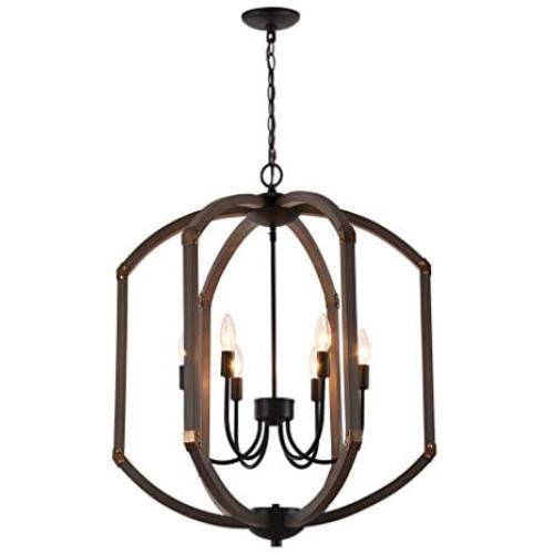 Sunlighting Farmhouse Chandelier, Vintage Pendant Hanging Light for Bedroom, Kitchen, Foyer, Dining & Living Room and Entryway, Black Painted Finish & Faux-Wood