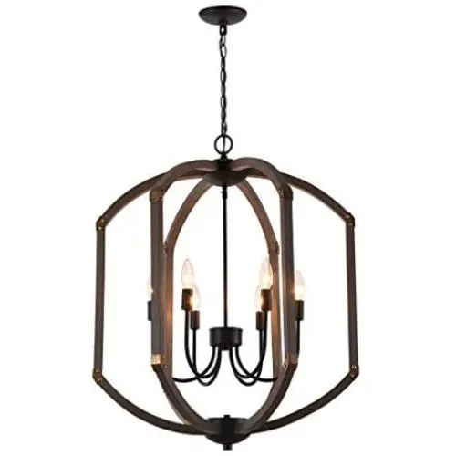 Sunlighting Farmhouse Chandelier, Vintage Pendant Hanging Light for Bedroom, Kitchen, Foyer, Dining & Living Room and Entryway, Black Painted Finish & Faux-Wood