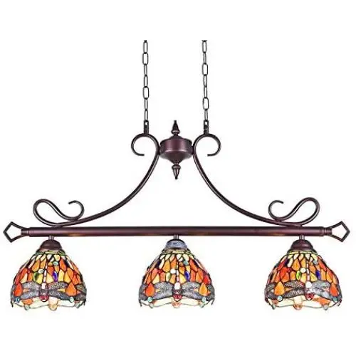 Capulina Tiffany Pool Table Lights 3-Light Dining Room Light Dragonfly Design Stained Glass Chandelier Hanging Light Tiffany Dining Table Lights 7'' Lampshade Vintage Style Chandelier