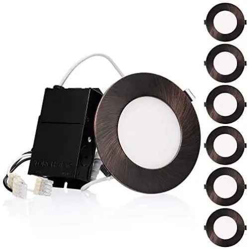 TORCHSTAR Refined Series 4 Inch Slim Panel Downlight with J-box, 10.5W Dimmable Ultra-Thin LED Recessed Light, 2700K Soft White, CRI90, ETL & Energy Star, 5-Year Warranty, Oil Rubbed Bronze, Pack of 6