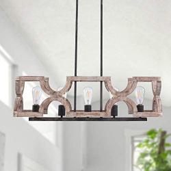 Farmhouse Chandelier, Wooden Iron Kicthen Island Light, 5-Light Wood Pendant Light for Dining Room, Foyer, Restaurant - Burlywood