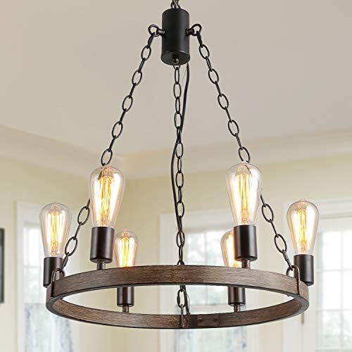 LALUZ Farmhouse Chandelier for Dining Room Round Hanging Fixtures with Adjustable Chain, Rustic Wagon Wheel Pendant Light, 20.5 inches