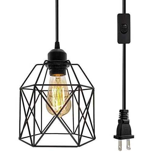 Industrial Plug in Pendant Light, Black Cage Pendant Light Fixture with On/Off Switch, E26 Socket Vintage Hanging Light, Max 660W Farmhouse Pendant Lighting for Kitchen Living Room Dining Room