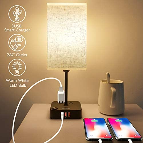 COZOO USB Bedside Table & Desk Lamp with 3 USB Charging Ports and 2 Outlets Power Strip,Square Black Charger Base with Flaxen Fabric Shade, LED Light for Bedroom/Nightstand/Living Room