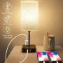 COZOO USB Bedside Table & Desk Lamp with 3 USB Charging Ports and 2 Outlets Power Strip,Square Black Charger Base with Flaxen Fabric Shade, LED Light for Bedroom/Nightstand/Living Room