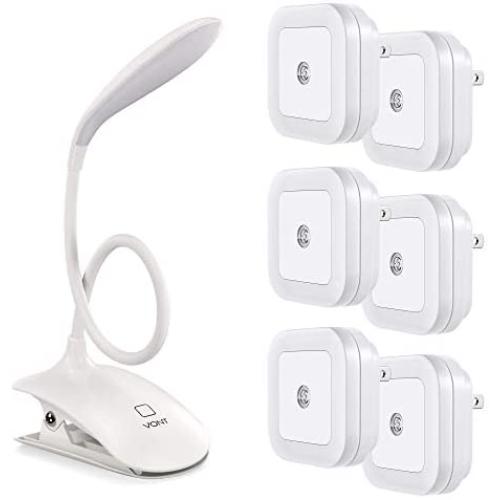 Vont Night Lights 6-Pack + Reading Clip Light Bundle - Must-Have Wall Lighting for Bedroom, Hallway, Stairway - Excellent Clip Light for Reading, DJing, Studying, Playing Piano, Doing Arts and Crafts