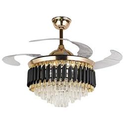 Luxury Crystal Chandelier Fan, 43 Inch Retractable Ceiling Fan with Remote Control, LED 3 Color Changing Invisible Fandelier Ceiling Fan with Light for Dining Room Living Room Bedroom (Black)