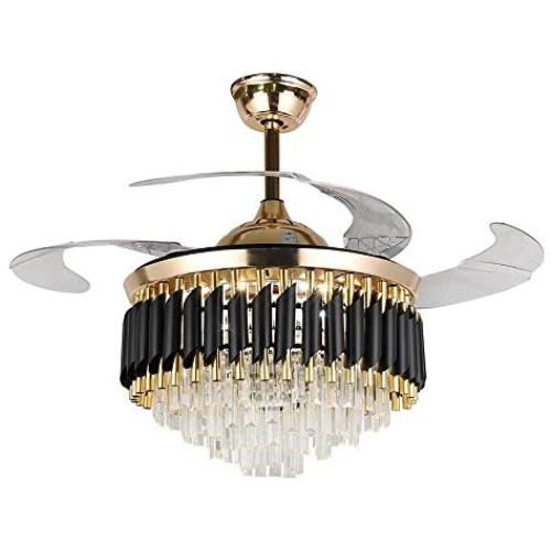 Luxury Crystal Chandelier Fan, 43 Inch Retractable Ceiling Fan with Remote Control, LED 3 Color Changing Invisible Fandelier Ceiling Fan with Light for Dining Room Living Room Bedroom (Black)