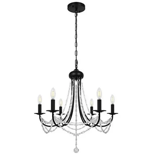 MIPAWS 6-Light Black Farmhouse Crystal Chandelier 23.6 Inch, Modern Industrial Style Ceiling Lighting Fixture, Pendant Light for Dining Room Foyer, Living Room, Kitchen Island, Bedroom