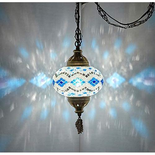 (8 Colors) DEMMEX Turkish Moroccan Mosaic Swag Plug in Pendant Ceiling Hanging Light with 15feet Cord Decorated Chain & North American Plug (Blue-White - 6'' Diameter)