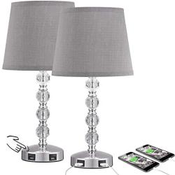 Touch Control 3 Way Dimmable Cute Crystal Table Lamp with 2 USB Charging Ports, Acaxin 17Inch Bedside Light with Mordern Gray Shade, Small Bed Lamp for Bedroom, Living Room, Guest Room(Bulb Included)