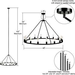 Sonoro Large 48 inch 16 Light Round Dining Room Industrial Chandelier | Black Rustic Kitchen Island Light Fixtures with LED Bulbs LL-CH5-48-5BLK