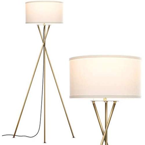 Brightech Jaxon - Mid Century Modern, Gold Tripod Floor Lamp for Living Room - Standing Light with Contemporary Drum Shade Matches Bedroom Decor, Gets Compliments - Tall Brass Lamp with LED Bulb